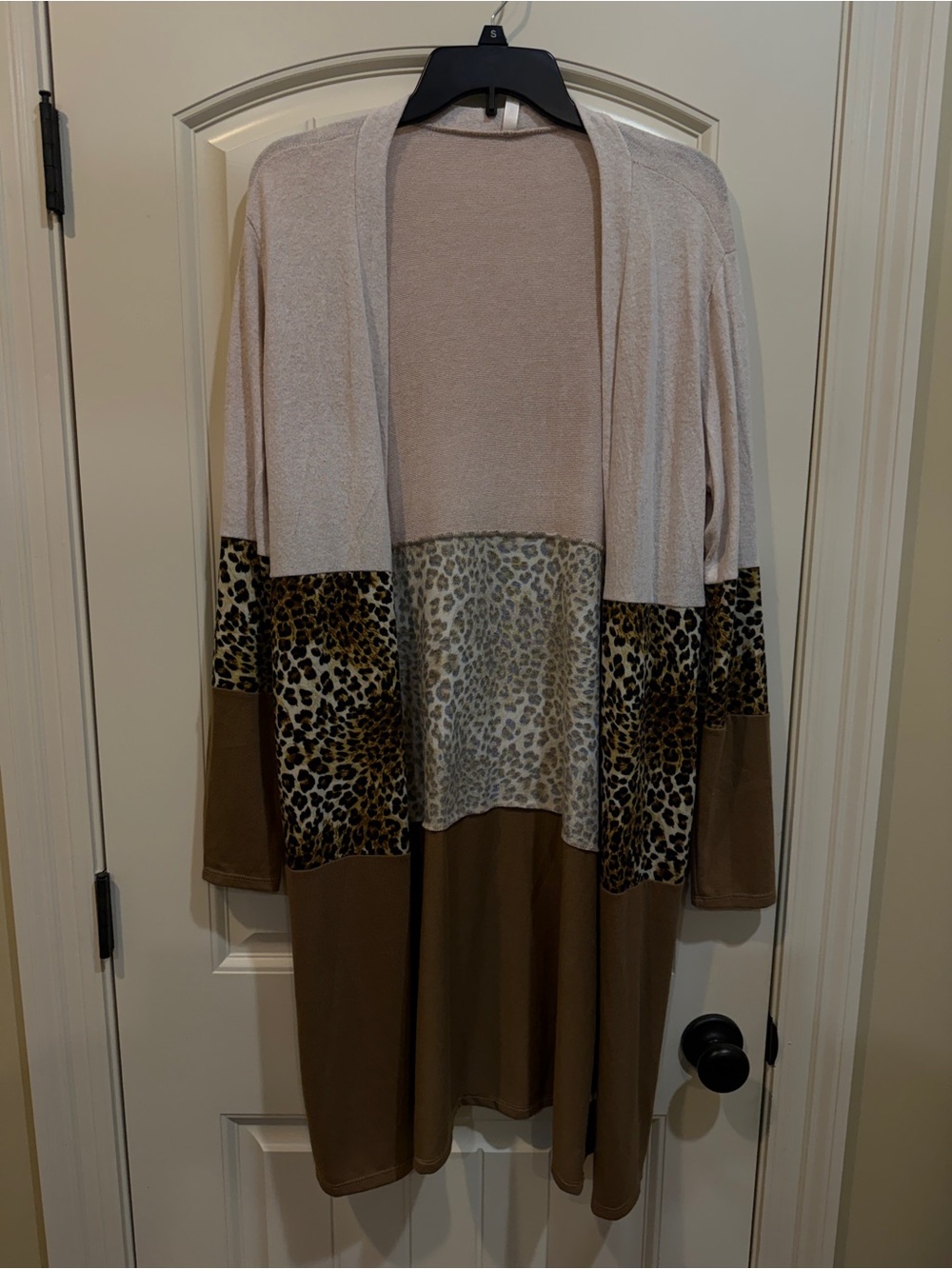 Colorblock Leopard Trim Open Cardigan - Cream & Brown